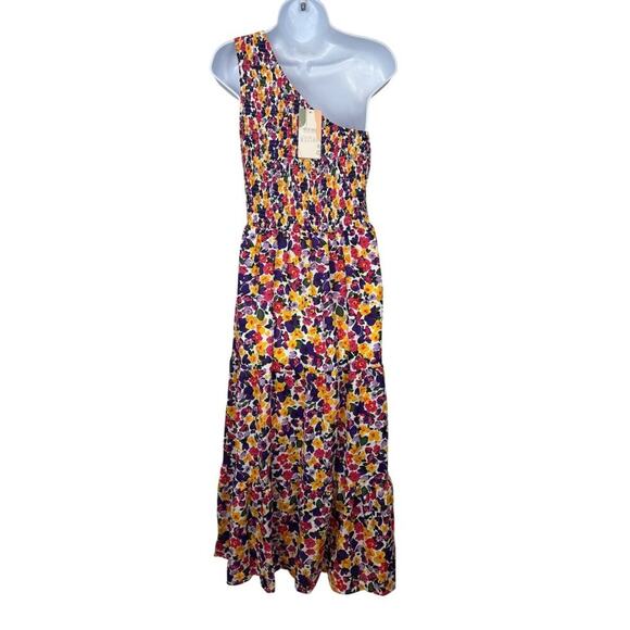 Floral One-Shoulder Maxi Dress Smocked Bodice Asymmetrical Neckline Multicolor M - Picture 4 of 7